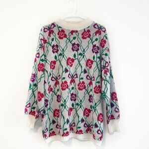 American Weekend Vintage Roses & Bows Knit Sweater in White Medium